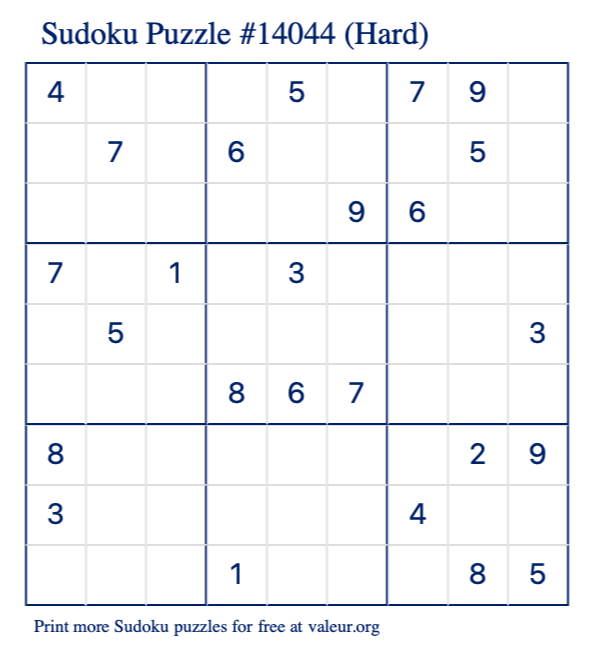 Free Printable Hard Sudoku Puzzle number 14044