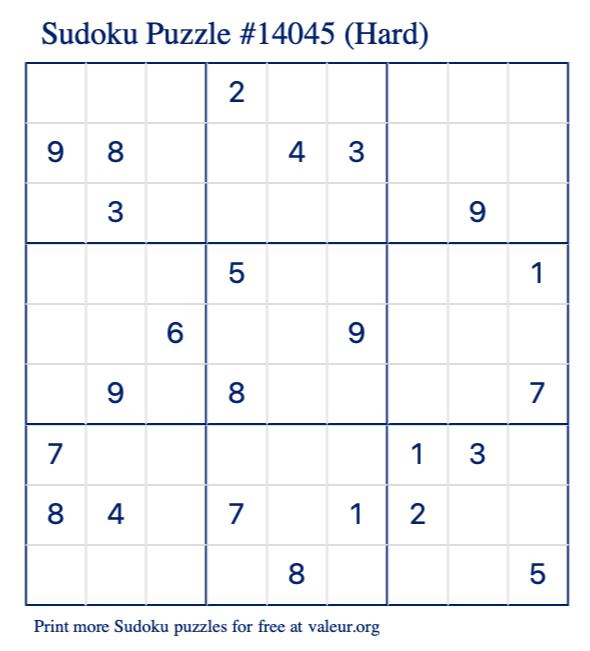 Free Printable Hard Sudoku Puzzle number 14045