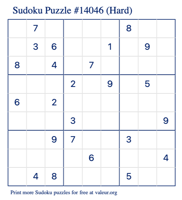Free Printable Hard Sudoku Puzzle number 14046
