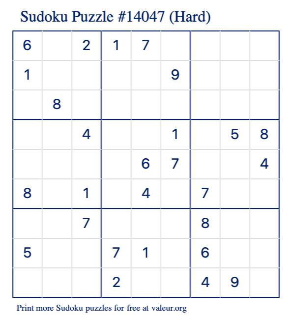 Free Printable Hard Sudoku Puzzle number 14047