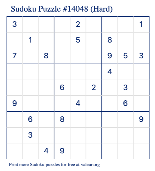 Free Printable Hard Sudoku Puzzle number 14048