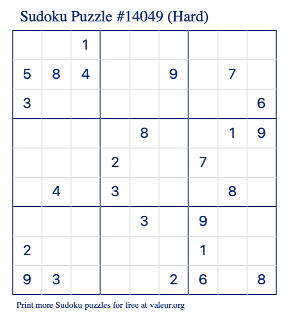 Free Printable Hard Sudoku Puzzle number 14049