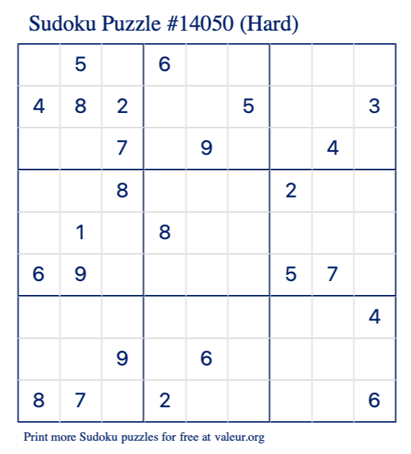 Free Printable Hard Sudoku Puzzle number 14050