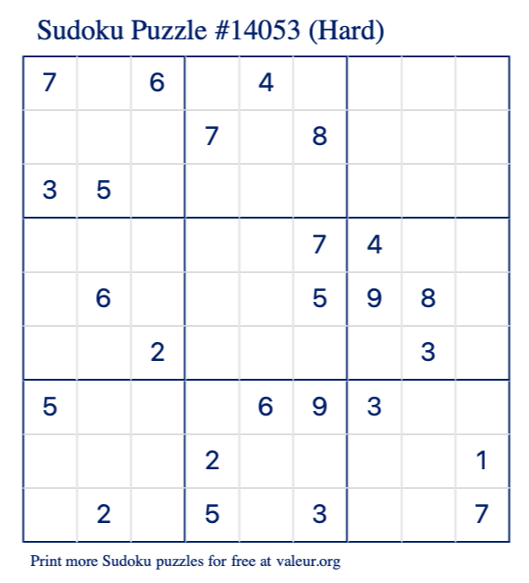 Free Printable Hard Sudoku Puzzle number 14053
