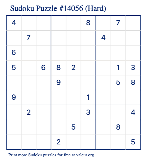 Free Printable Hard Sudoku Puzzle number 14056