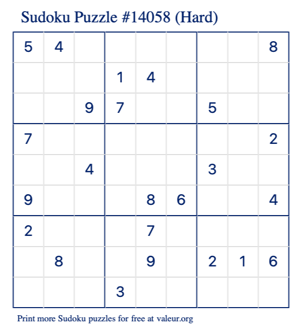 Free Printable Hard Sudoku Puzzle number 14058