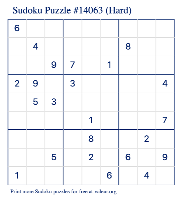 Free Printable Hard Sudoku Puzzle number 14063