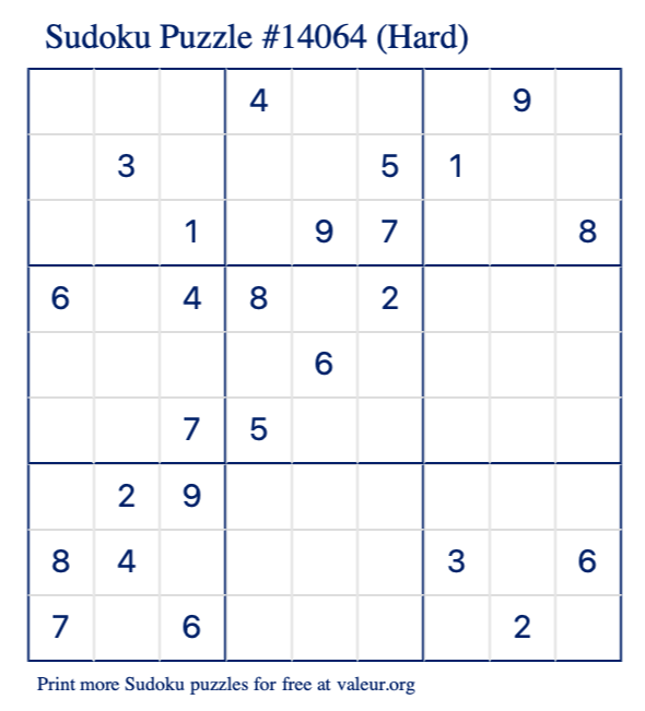 Free Printable Hard Sudoku Puzzle number 14064