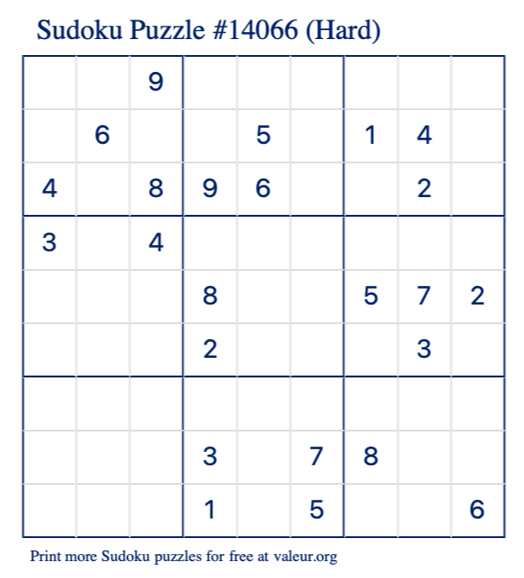 Free Printable Hard Sudoku Puzzle number 14066