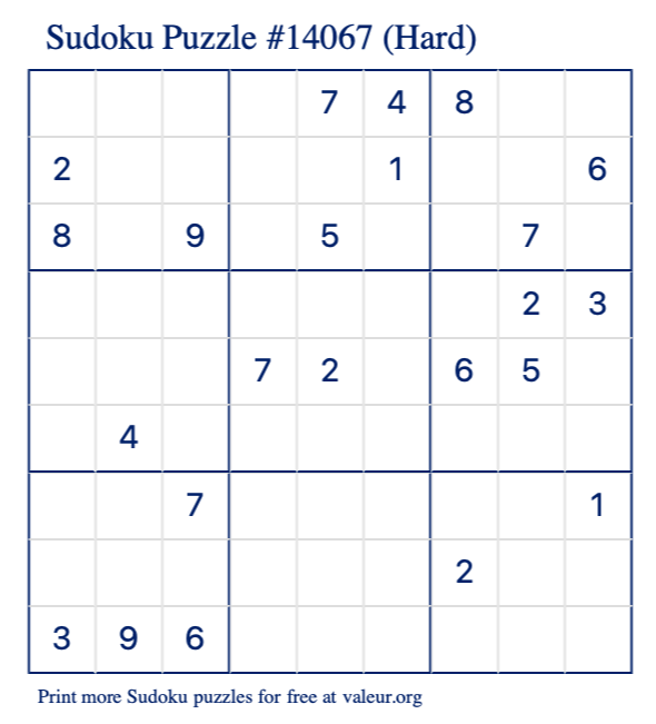 Free Printable Hard Sudoku Puzzle number 14067