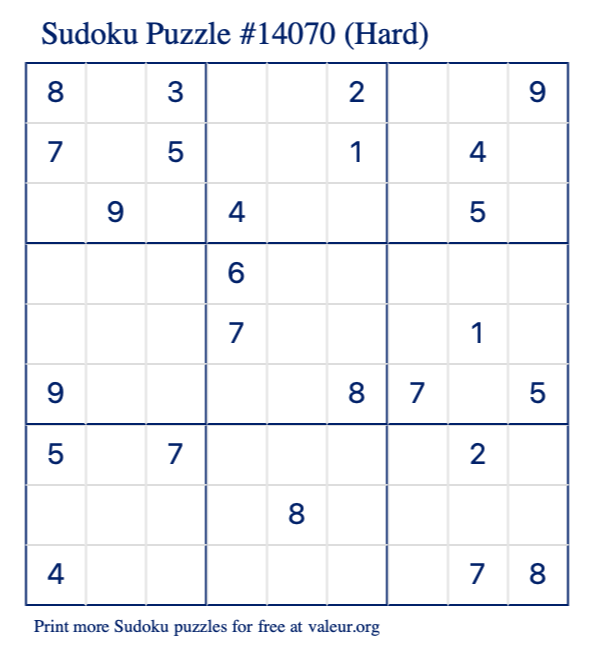 Free Printable Hard Sudoku Puzzle number 14070