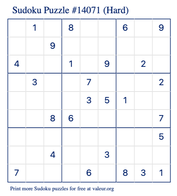 Free Printable Hard Sudoku Puzzle number 14071