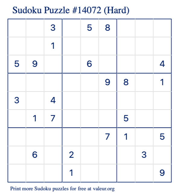 Free Printable Hard Sudoku Puzzle number 14072