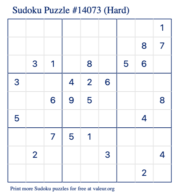 Free Printable Hard Sudoku Puzzle number 14073