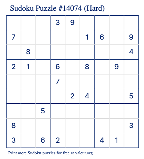 Free Printable Hard Sudoku Puzzle number 14074