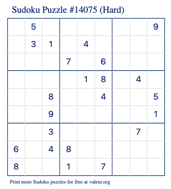 Free Printable Hard Sudoku Puzzle number 14075