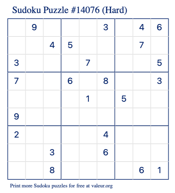 Free Printable Hard Sudoku Puzzle number 14076