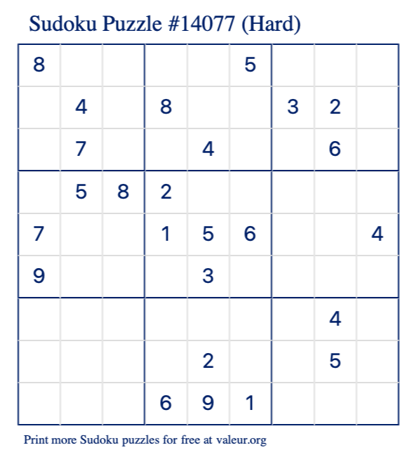 Free Printable Hard Sudoku Puzzle number 14077