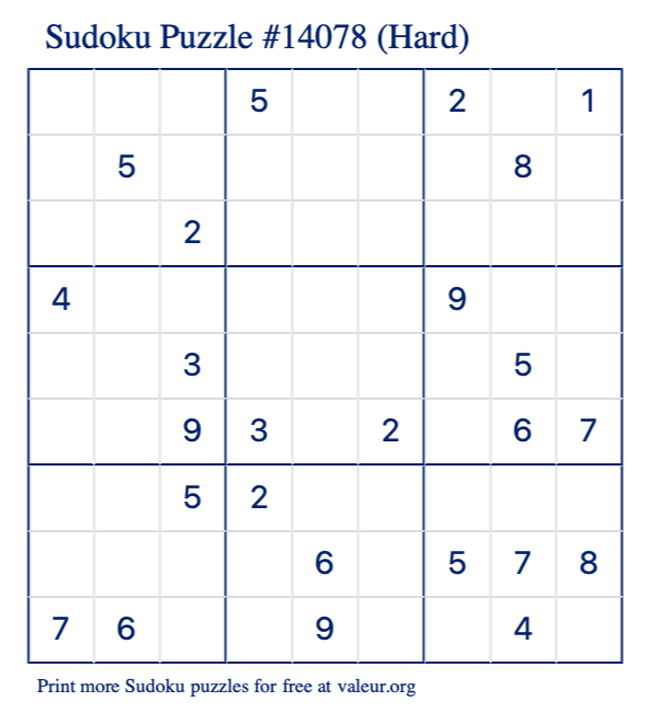Free Printable Hard Sudoku Puzzle number 14078