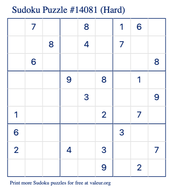 Free Printable Hard Sudoku Puzzle number 14081