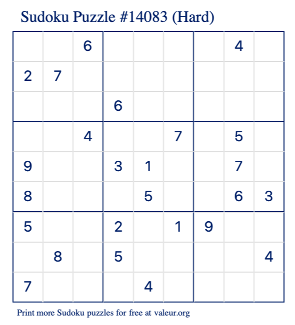 Free Printable Hard Sudoku Puzzle number 14083
