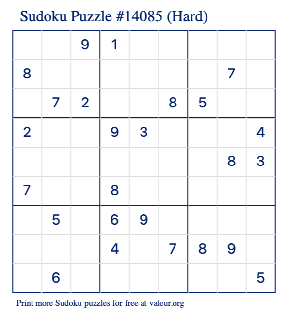 Free Printable Hard Sudoku Puzzle number 14085