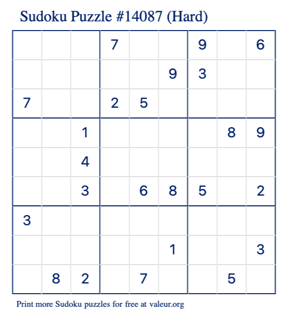 Free Printable Hard Sudoku Puzzle number 14087
