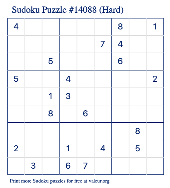 Free Printable Hard Sudoku Puzzle number 14088