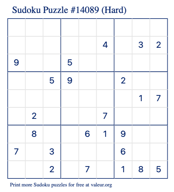 Free Printable Hard Sudoku Puzzle number 14089