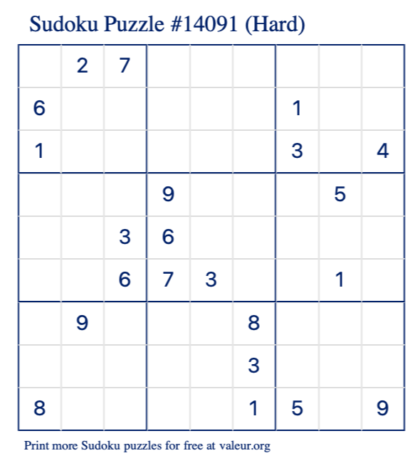 Free Printable Hard Sudoku Puzzle number 14091