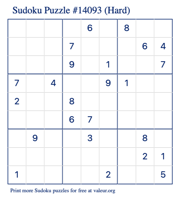 Free Printable Hard Sudoku Puzzle number 14093