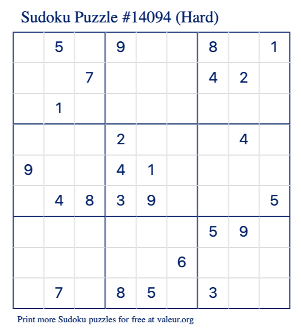 Free Printable Hard Sudoku Puzzle number 14094
