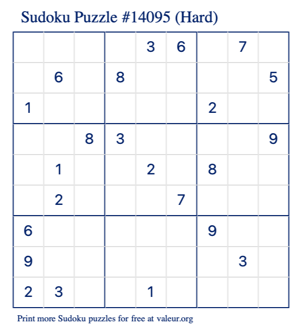 Free Printable Hard Sudoku Puzzle number 14095