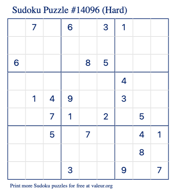 Free Printable Hard Sudoku Puzzle number 14096
