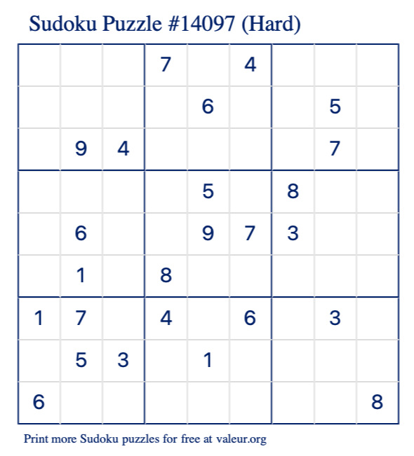 Free Printable Hard Sudoku Puzzle number 14097