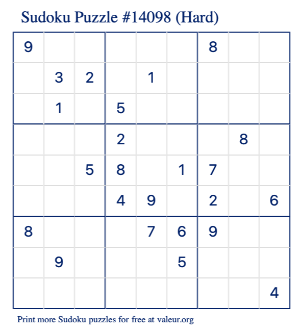 Free Printable Hard Sudoku Puzzle number 14098