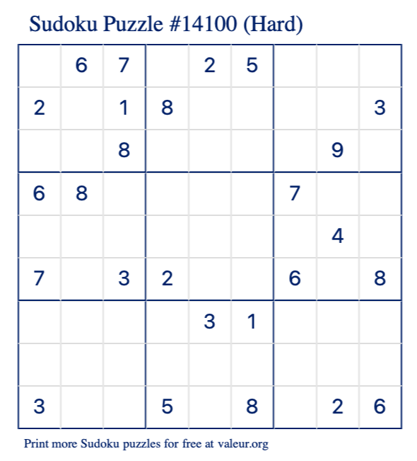Free Printable Hard Sudoku Puzzle number 14100