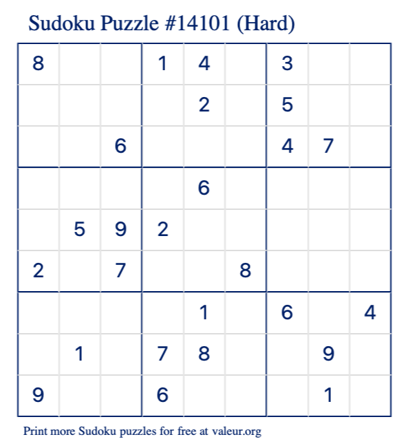 Free Printable Hard Sudoku Puzzle number 14101