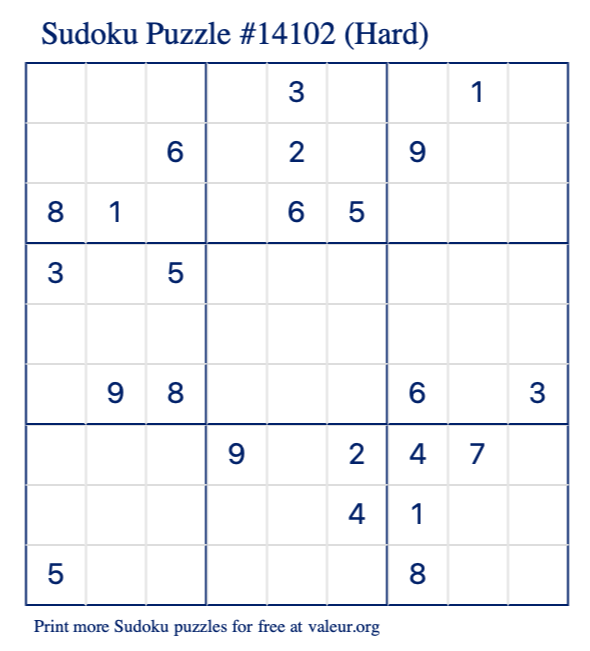 Free Printable Hard Sudoku Puzzle number 14102