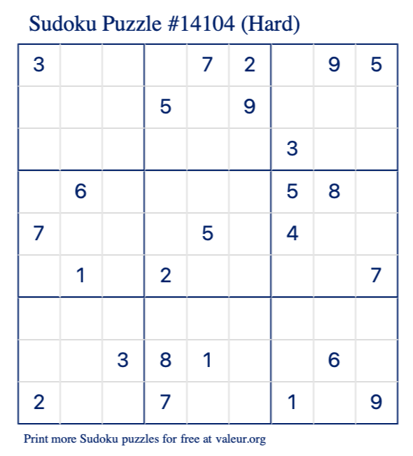 Free Printable Hard Sudoku Puzzle number 14104