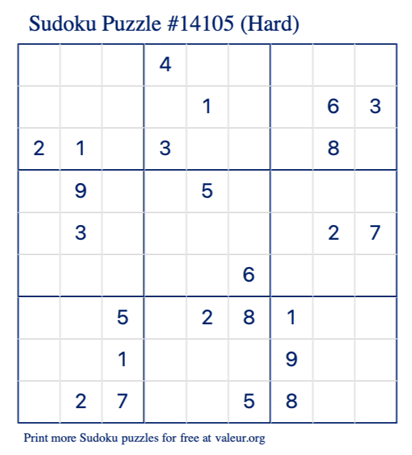 Free Printable Hard Sudoku Puzzle number 14105