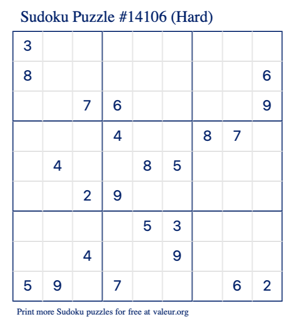 Free Printable Hard Sudoku Puzzle number 14106