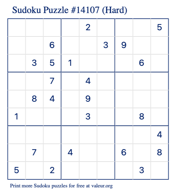 Free Printable Hard Sudoku Puzzle number 14107