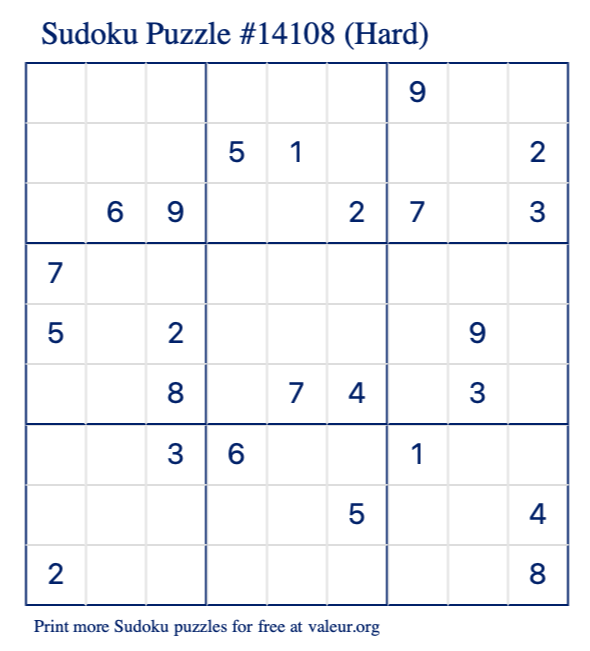 Free Printable Hard Sudoku Puzzle number 14108