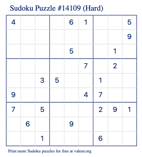 Free Printable Hard Sudoku Puzzle number 14109