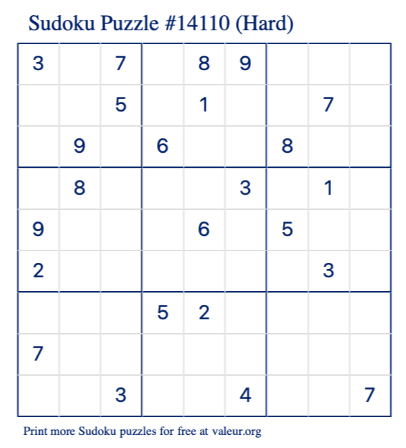 Free Printable Hard Sudoku Puzzle number 14110