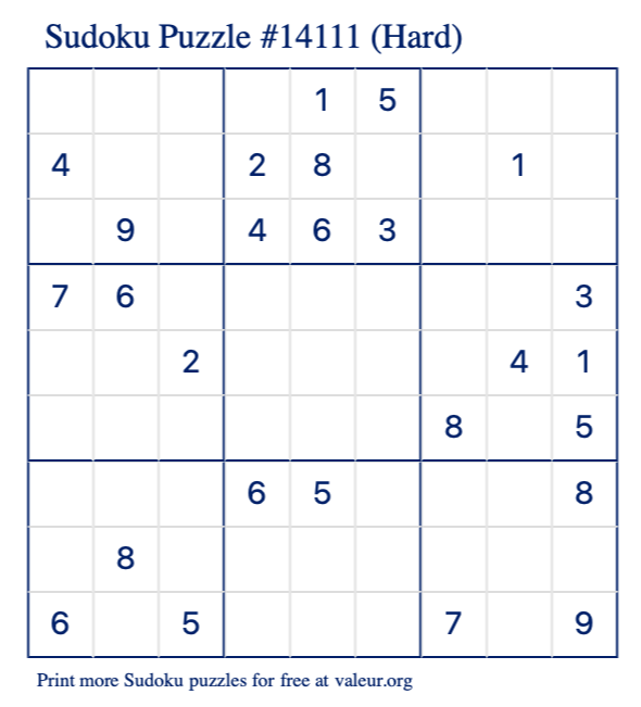 Free Printable Hard Sudoku Puzzle number 14111