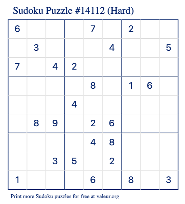 Free Printable Hard Sudoku Puzzle number 14112