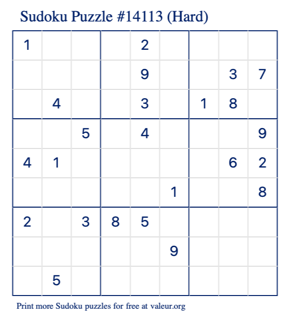 Free Printable Hard Sudoku Puzzle number 14113