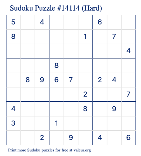 Free Printable Hard Sudoku Puzzle number 14114